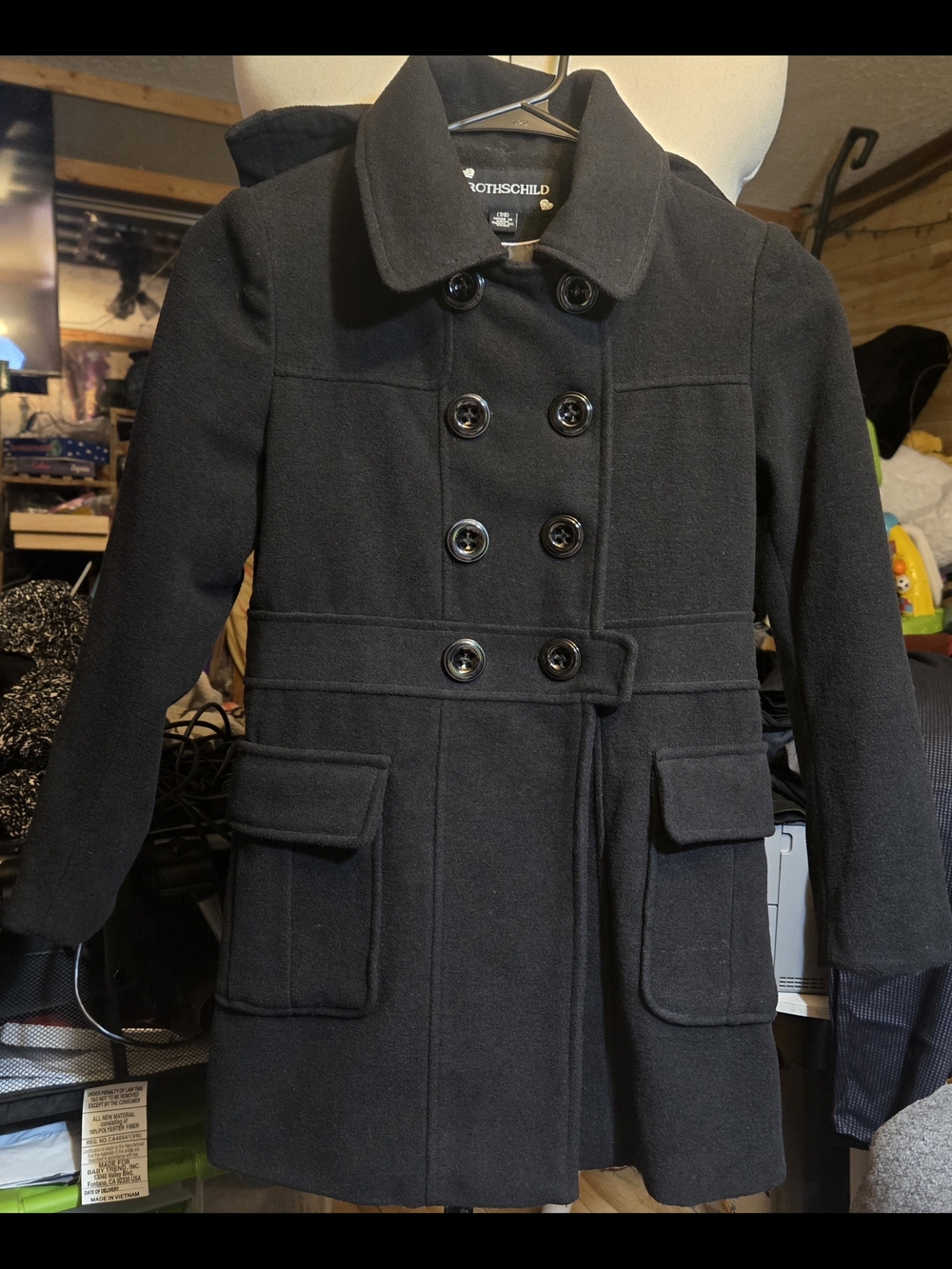 Rothschild Girls Black Double Breasted Hooded Peacoat Dress Jacket 7/8